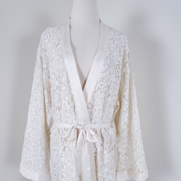 Vintage Lace Robe Bell Sleeve Long belted peignoir satin angel kimono duster - Picture 13 of 17
